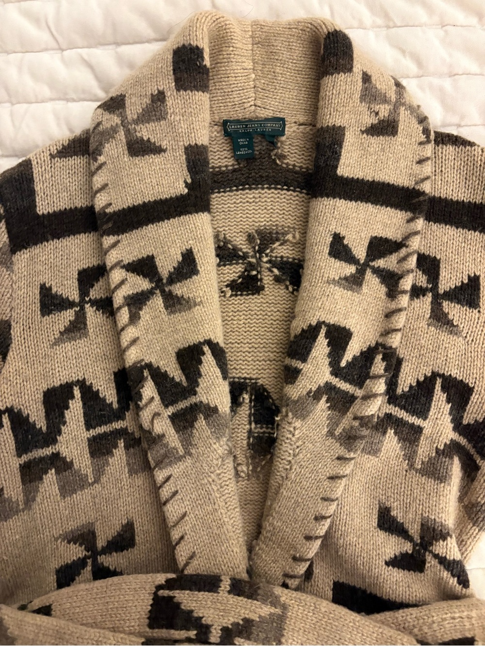 Vintage Ralph Lauren Beige and Brown Shawl-Collar Patterned Cardigan (XS)